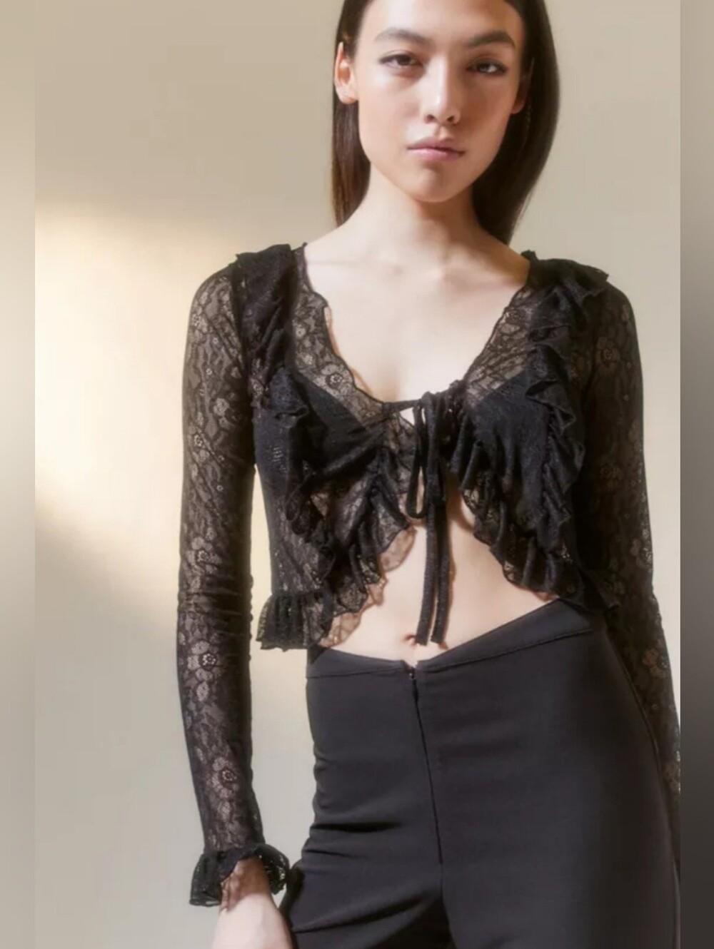 Urban Outfitters Y2K Whimsygoth Black Sheer Lace Ruffle Tie-Front Top, Size M